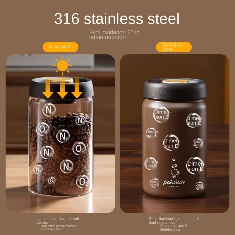 Vacuum Coffee Bean Storage Container Stainless Steel Airtight Canister Light-Proof Tea Spice Food Storage Jar Kitchen Tool